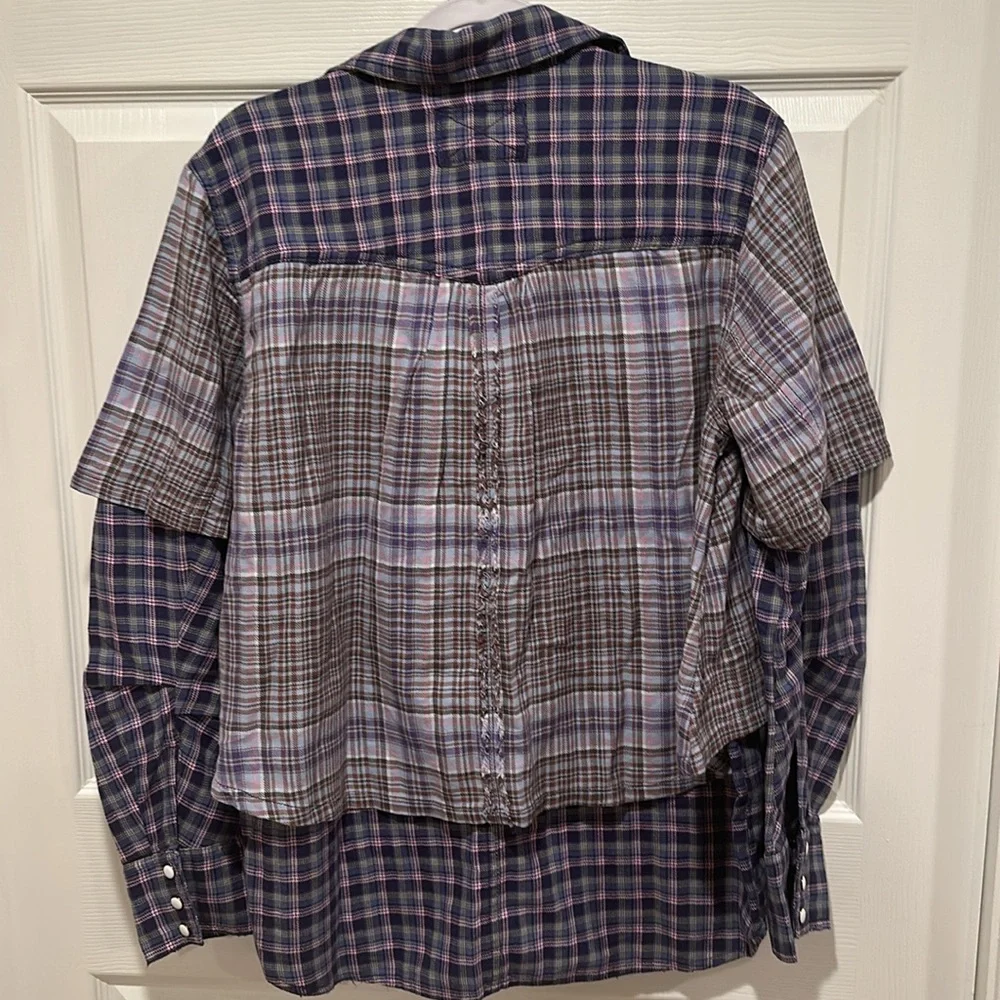 Free People We the Free Layer it Up Plaid Flannel Snap Down Top in Blue Combo